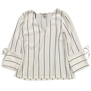 H&M White with Black Stripes and Bow Tie Sleeves V-Neck Blouse Size 12